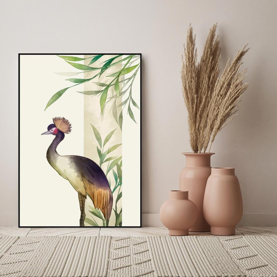 Obraz w ramie 70x100 - Kwiatowa Ekspresja - japońska sztuka, ptak - rama czarna