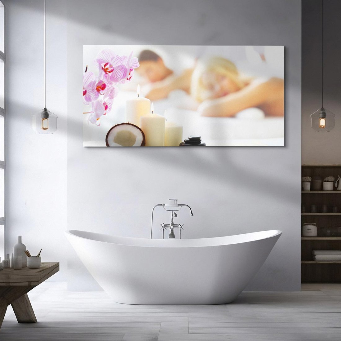 Obraz na płótnie 120x60 - Kokos, świece i kwiaty w SPA - kokos, świece