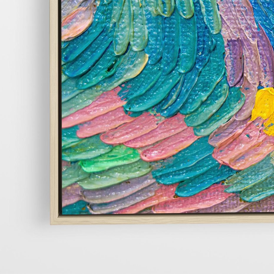Obraz w ramie 70x50 - Egzotyczne Pióra - abstrakcyjne dzieło, farby olejne - rama drewno