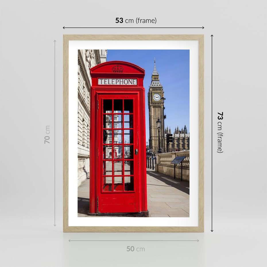 Plakat w ramie 50x70 - Ikoniczna budka telefoniczna w Londynie - budka, telefoniczna - rama drewno