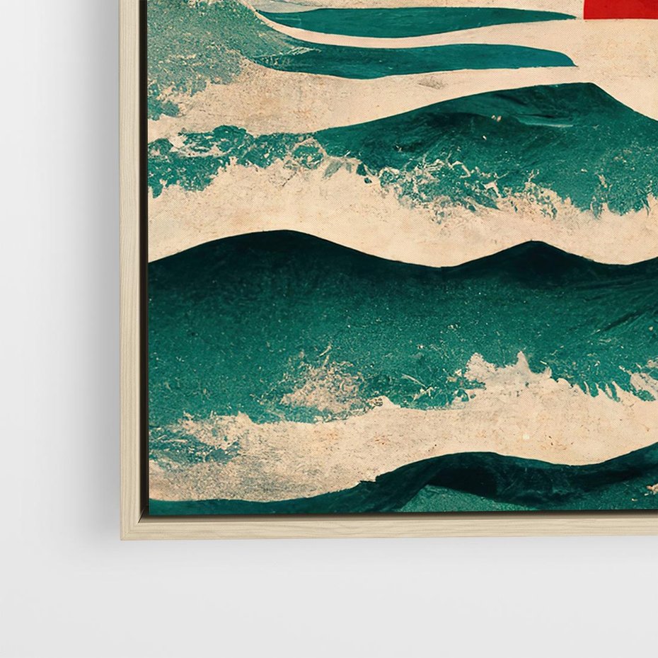 Obraz w ramie 80x80 - Czerwone Melodie - japońska sztuka, zachód słońca nad oceanem - rama drewno