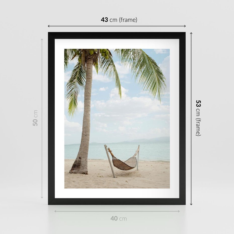 Plakat w ramie 40x50 - Relaks na plaży - palma, hamak - rama czarna