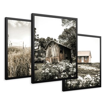 Zestaw obrazy w ramie 50x70 galeria - Domki, pola, łąki, w, sepii - rama czarna