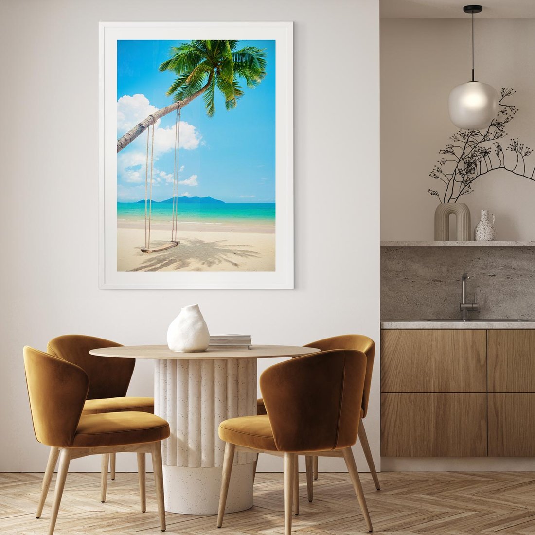 Plakat w ramie 50x70 - Hawajska palma i huśtawka na plaży - palma, huśtawka - rama biała