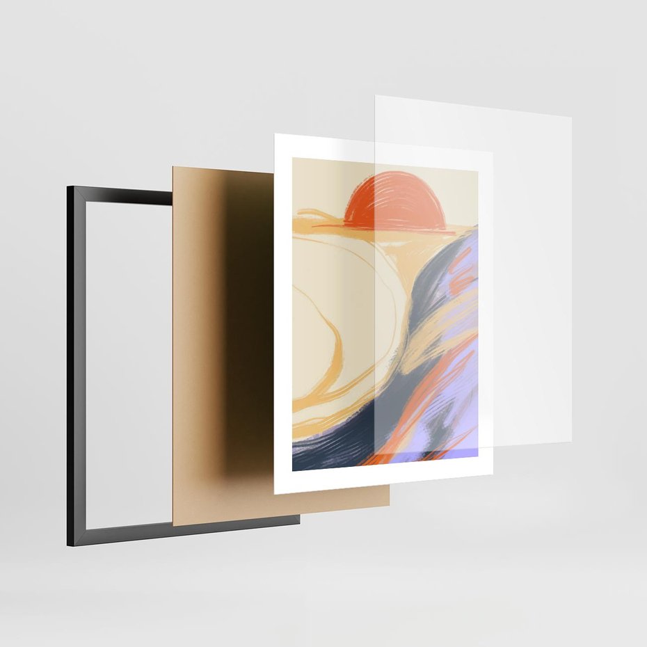 Plakat w ramie 40x50 - Pomarańczowy Horyzont - pastelowy krajobraz, nowoczesny plakat - rama czarna