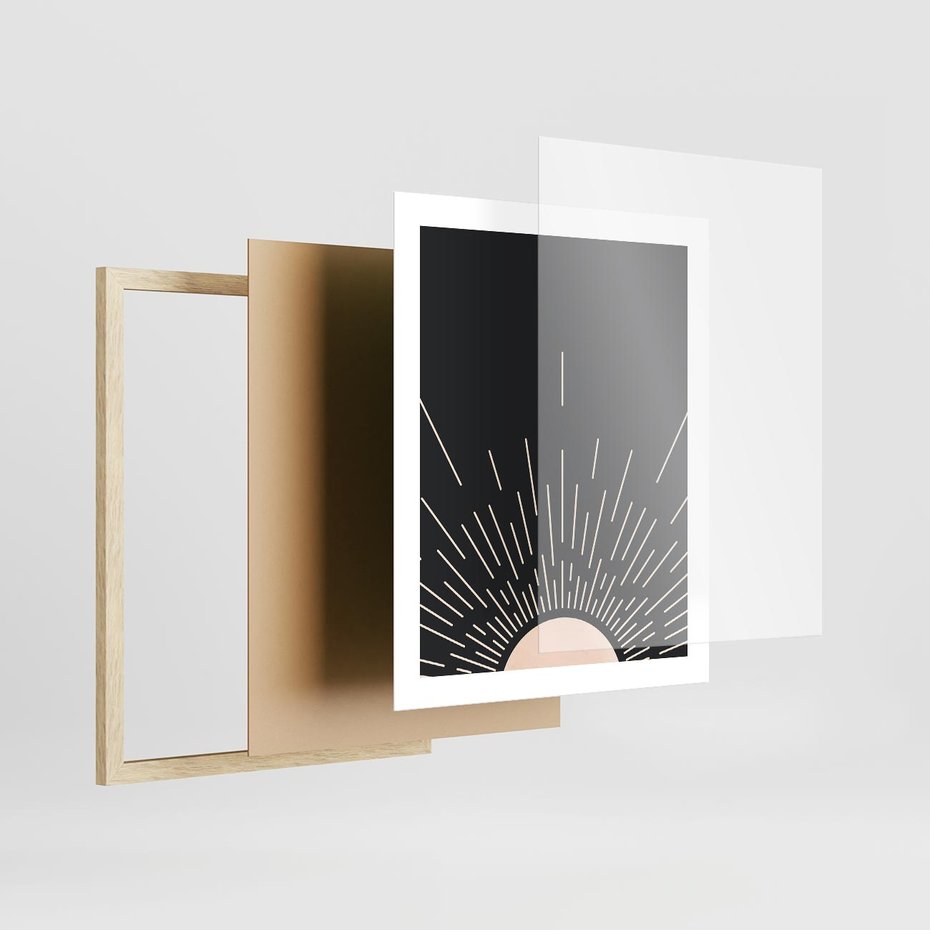 Plakat w ramie 40x50 - Słoneczny Portret Duszy - boho czarne słońce, nowoczesna grafika - rama drewno