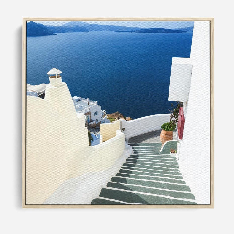Obraz w ramie 50x50 - Malowniczy urok wyspy - Santorini, schodki - rama drewno