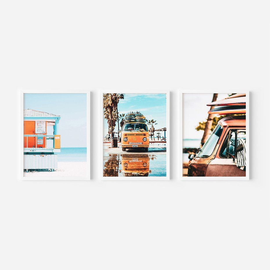 Zestaw obrazy w ramie 30x40 galeria - Plaża, podróże, wakacje, surfing, auto - rama biała