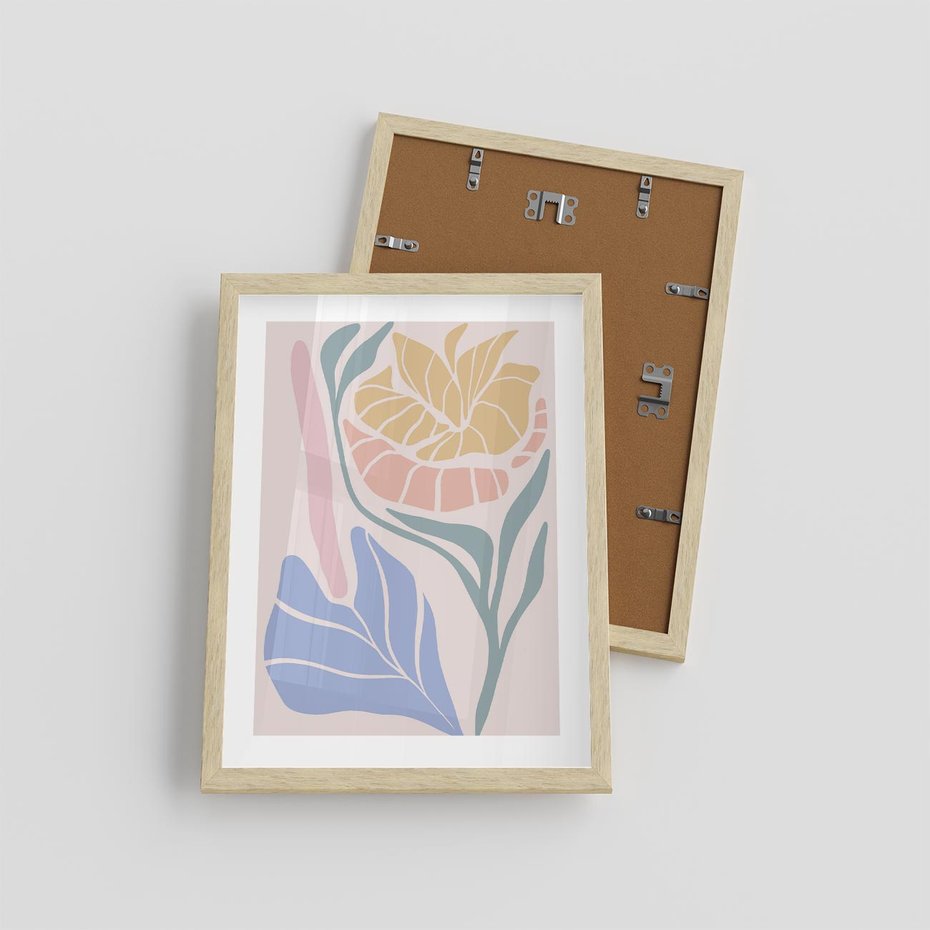 Plakat w ramie 30x40 - Wyjątkowe Ukojenie - pastelowe kwiaty, na beżowym tle - rama drewno