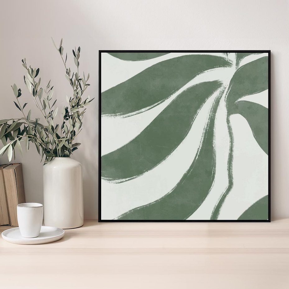 Obraz w ramie 50x50 - Zieleń Wewnętrznego Spokoju - zielony plakat, roślinne inspiracje - rama czarna