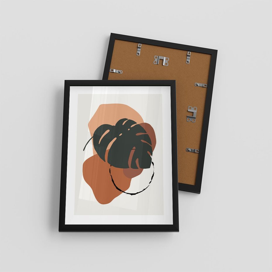 Plakat w ramie 30x40 - Brązowa Ekspresja - liść monstery, boho obraz - rama czarna