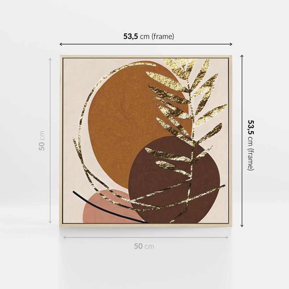 Obraz w ramie 50x50 - Taniec Przenikających Odbić - abstrakcyjny obraz, złote liście palmy - rama drewno