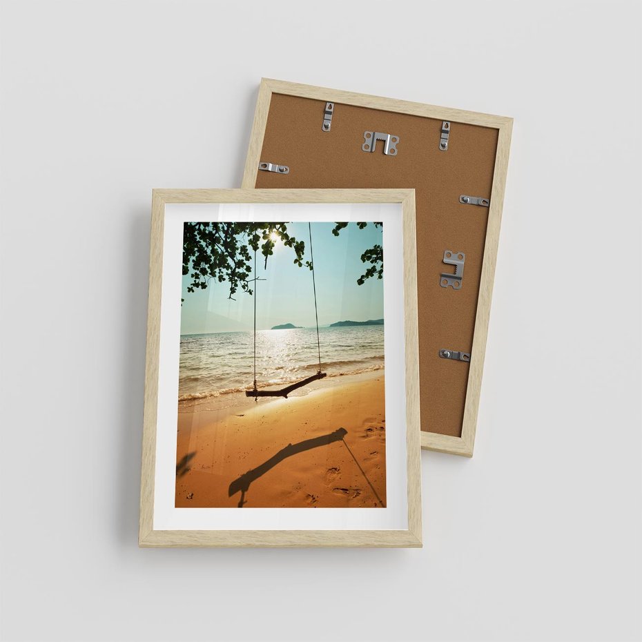 Plakat w ramie 30x40 - Tropikalna plaża i huśtawka - plaża, tropiki - rama drewno