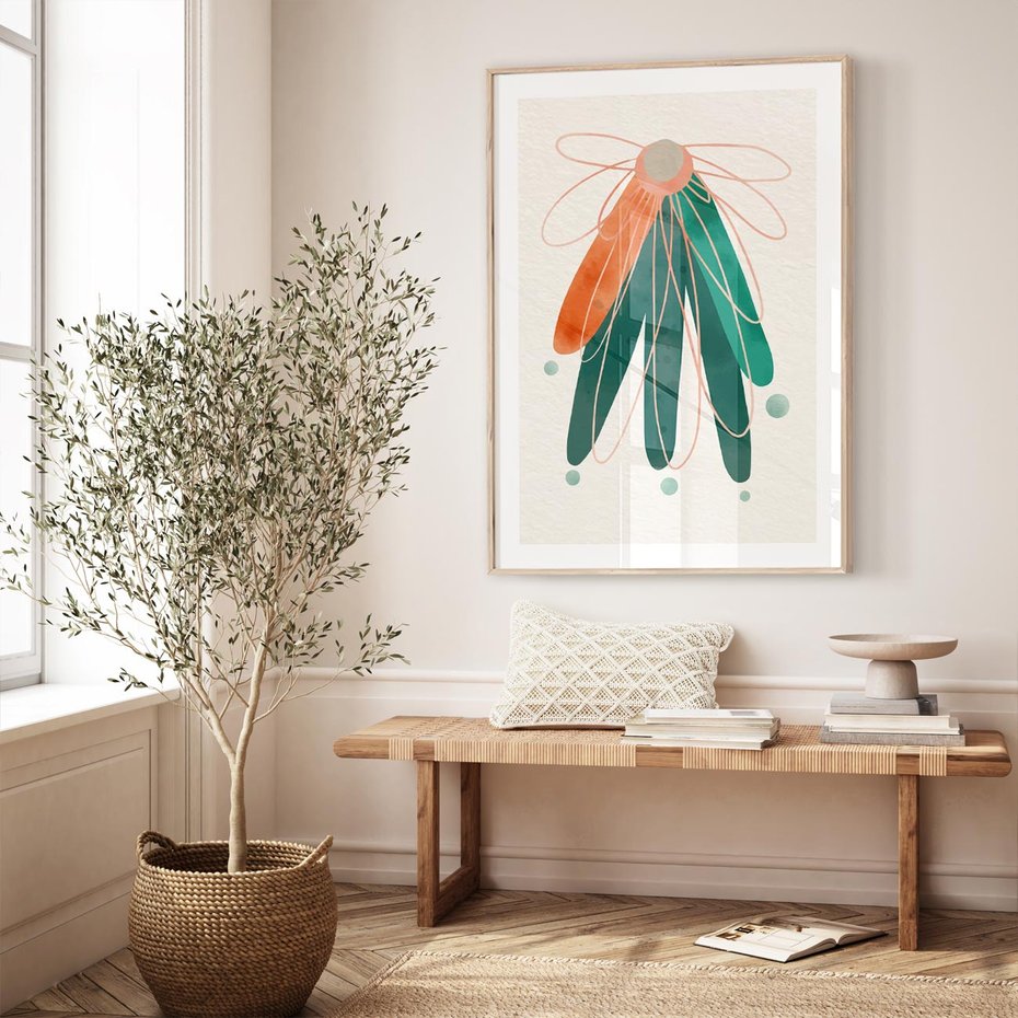 Plakat w ramie 30x40 - Energetyczna Harmonia Kwiatów - akwarelowe abstrakcyjne kształty, zieleń i pomarańcz - rama drewno