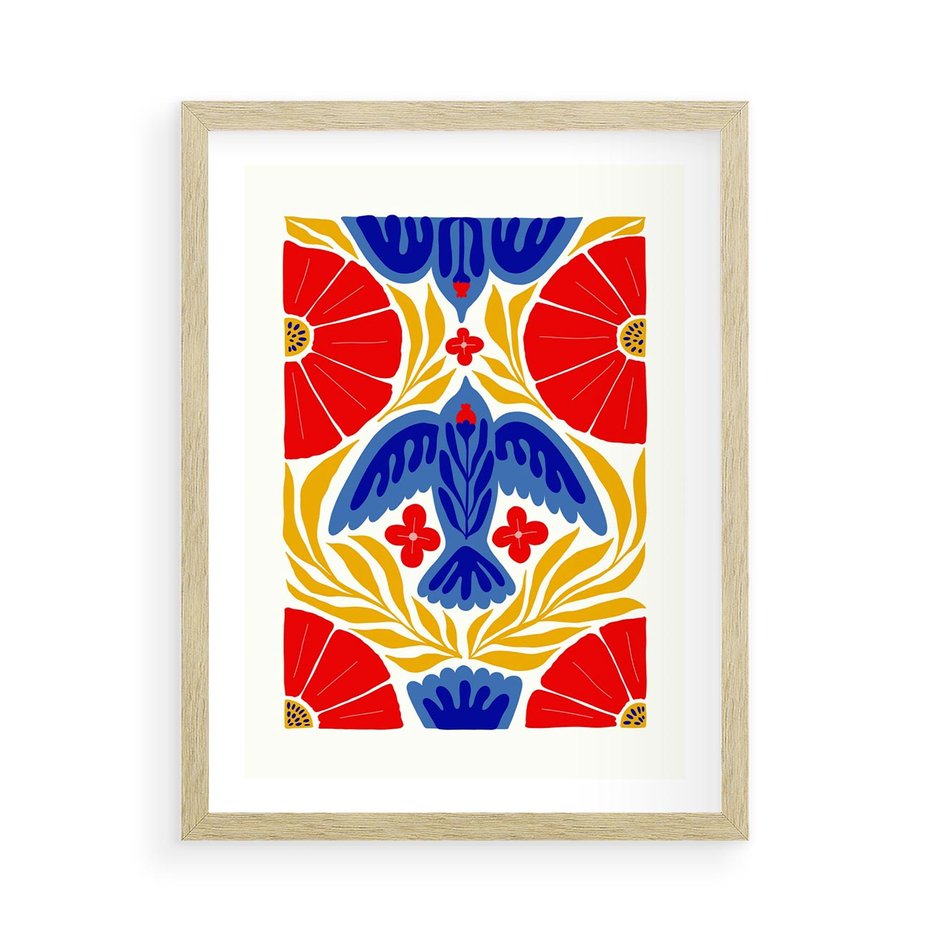 Plakat w ramie 50x70 - Eklektyczny Majestat - wyrazista grafika, mocne kolory czerwień niebieski żółty - rama drewno