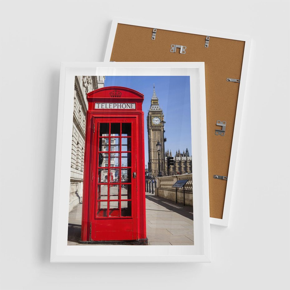 Plakat w ramie 50x70 - Ikoniczna budka telefoniczna w Londynie - budka, telefoniczna - rama biała