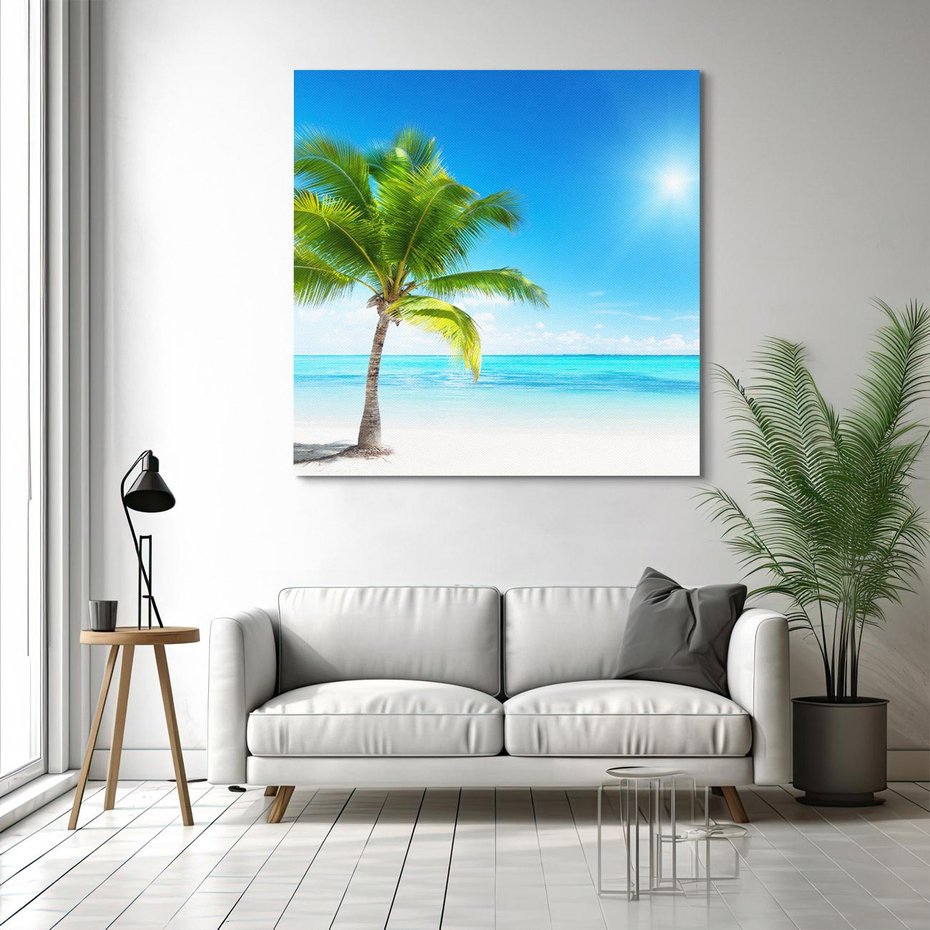 Obraz na płótnie 70x70 - Wakacyjne uniesienie: plaża i palma - plaża, morze