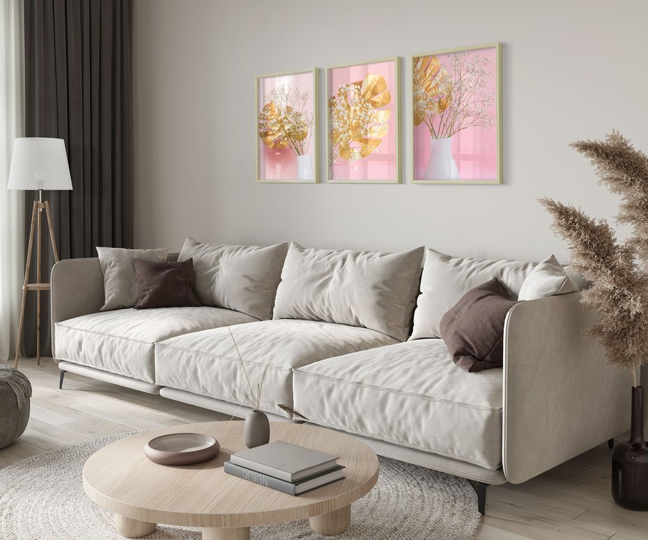 Zestaw obrazy w ramie 50x70 galeria - Złote, liście, monstera, kwiaty - rama drewno