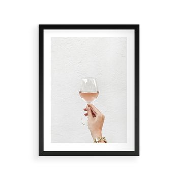Plakat w ramie 30x40 - Kobieca Dłoń i Różowe Wino - kieliszek różowego wina, kobieca dłoń - rama czarna