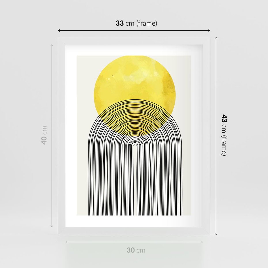 Plakat w ramie 30x40 - Słoneczne Odbicia - geometria, żółte koło - rama biała