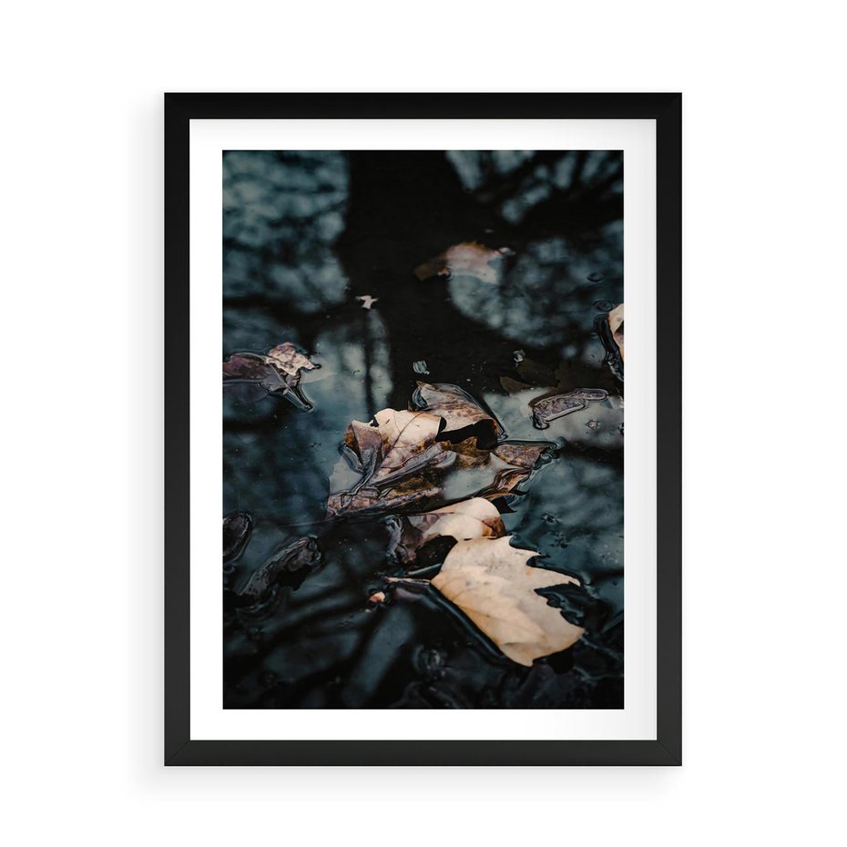 Plakat w ramie 50x70 - Jesienne Liście w Kałużach: Odbicie Natury - jesienne liście wkałuży, fotografia - rama czarna