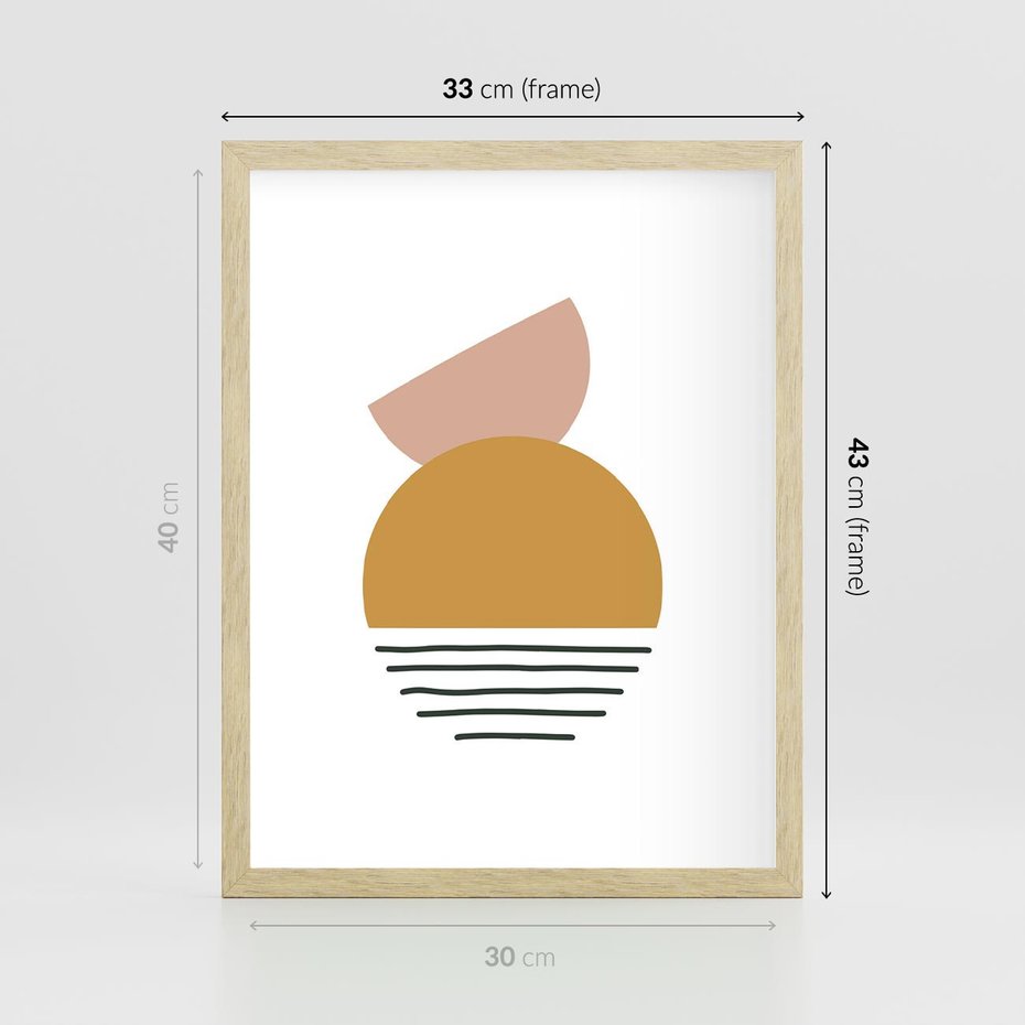 Plakat w ramie 30x40 - Kolory Przyszłości - kompozycja kół i kresek, ciepłe kolory - rama drewno