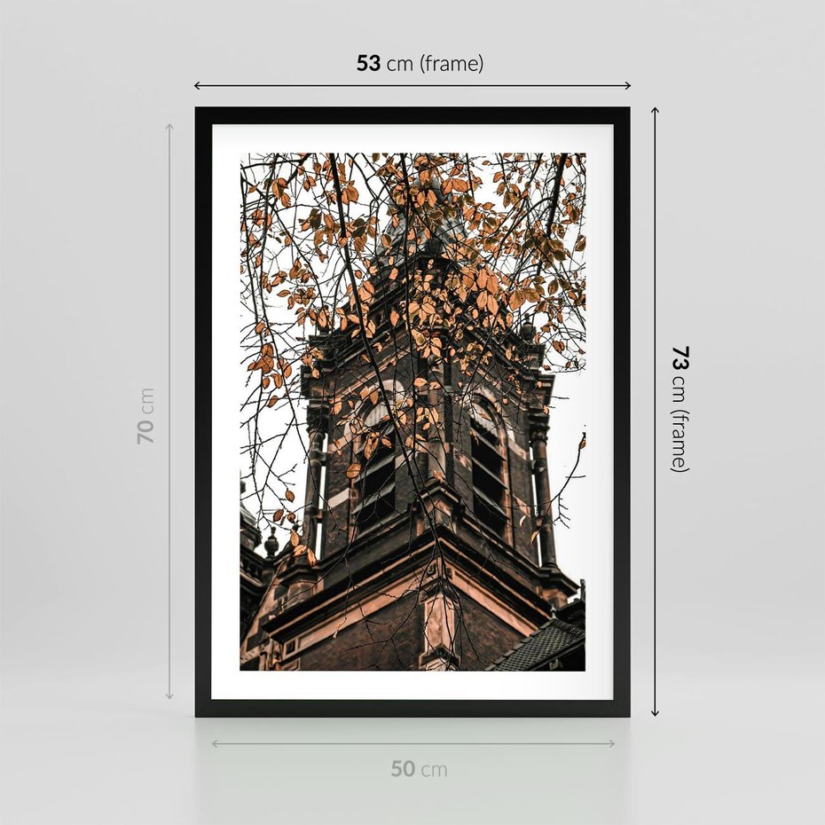 Plakat w ramie 50x70 - Jesienna Wieża w Liściach - architektura, wieża - rama czarna