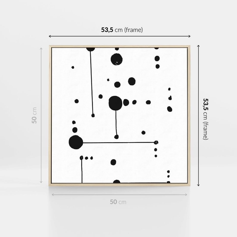 Obraz w ramie 50x50 - Nocne Zawirowania - abstrakcyjny plakat, czarne kropki i kreski - rama drewno