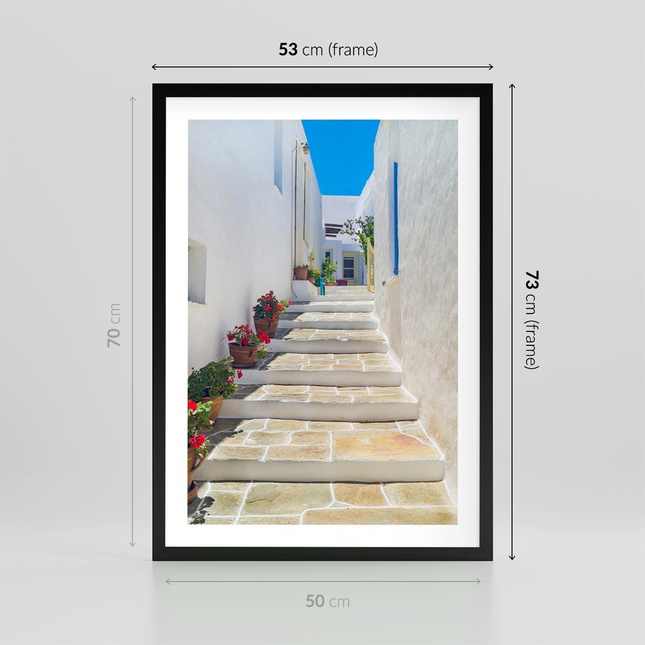 Plakat w ramie 50x70 - Urok Greckiej Uliczki - grecka, uliczka - rama czarna