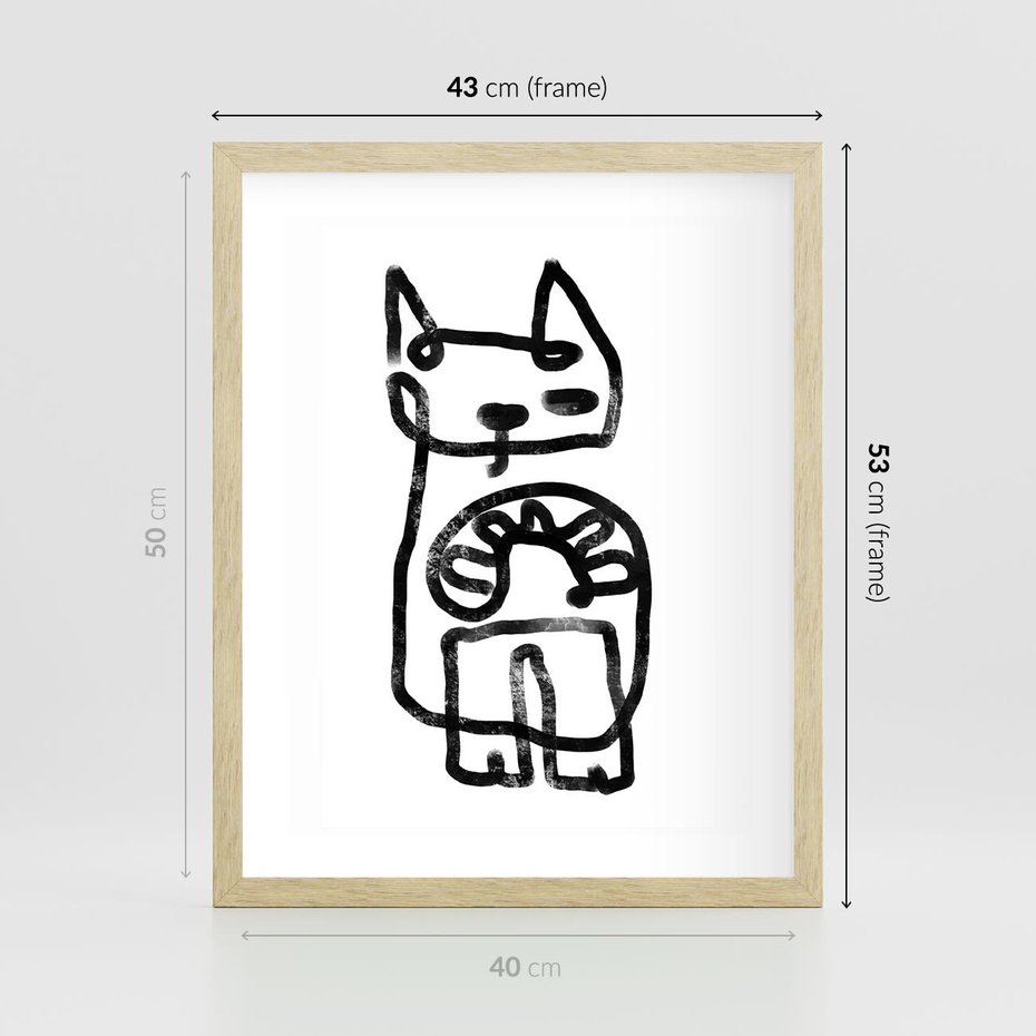 Plakat w ramie 40x50 - Portret Kociej Duszy - szkic kota, prymitywizm - rama drewno
