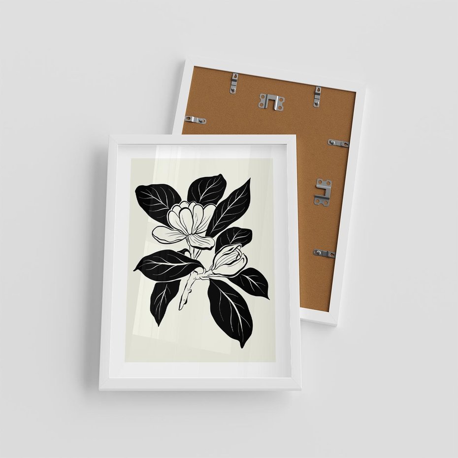 Plakat w ramie 30x40 - Spojrzenie w kształty kwiatów - kwiaty magnolii, minimalizm - rama biała