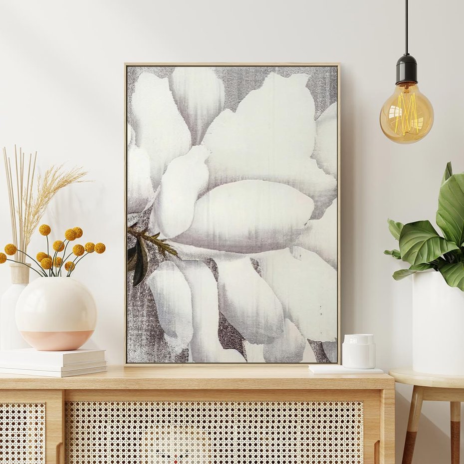 Obraz w ramie 80x120 - Tekstura Kwiatu - białe kwiaty, duży kwiat - rama drewno