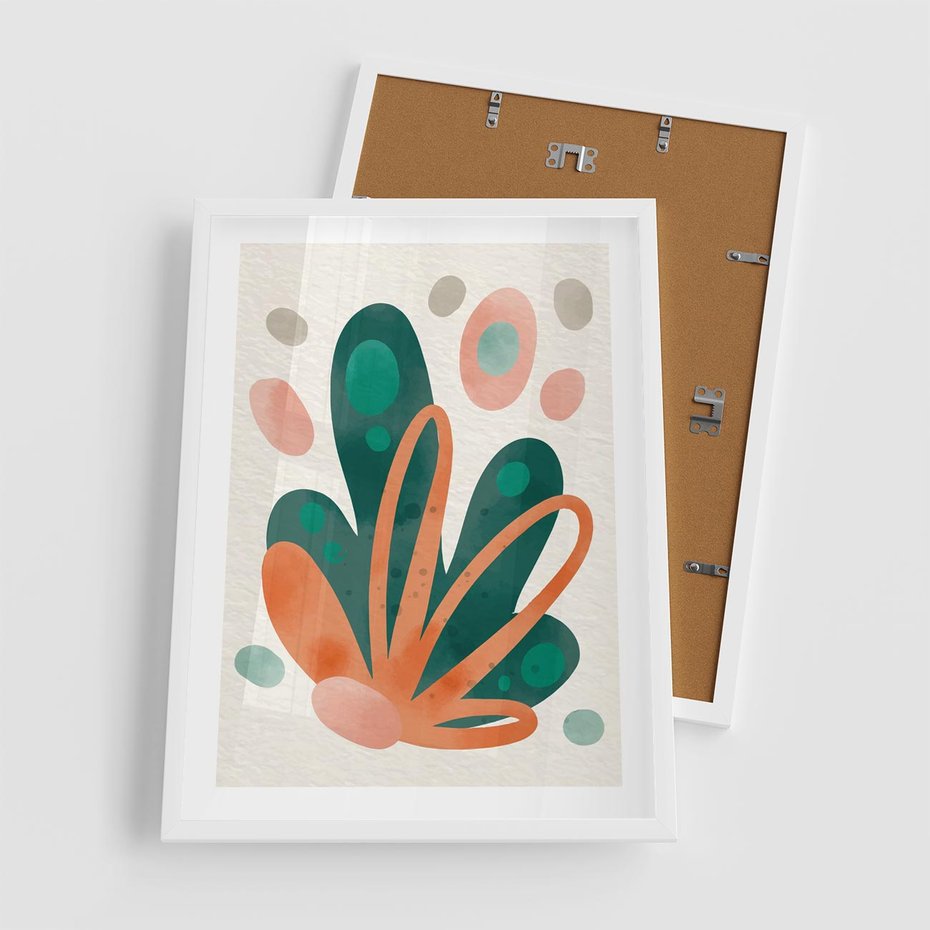 Plakat w ramie 50x70 - Harmonia bez Harmonii - akwarelowe abstrakcyjne kształty, zieleń i pomarańcz - rama biała