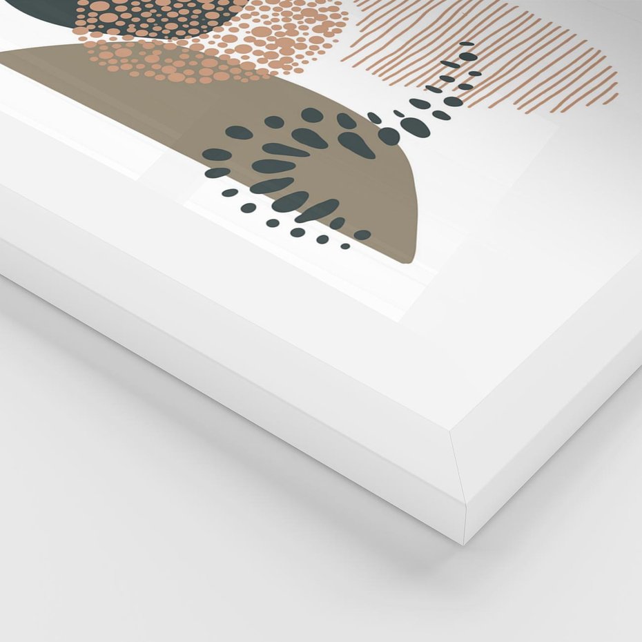 Plakat w ramie 30x40 - Harmonia Akwarelowych Przestrzeni - abstrakcyjna kompozycja z kropek kresek i kółek, odcienie brązu i beżu - rama biała
