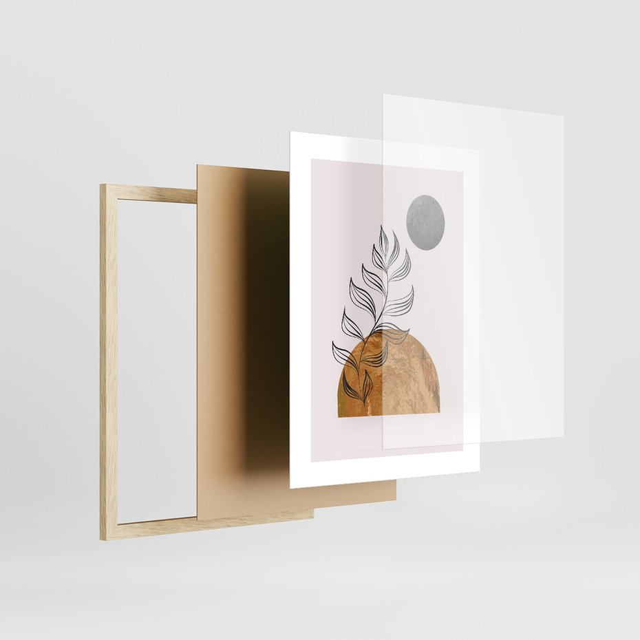 Zestaw obrazy w ramie 50x70 galeria - Złoto, liście, geometria - rama drewno