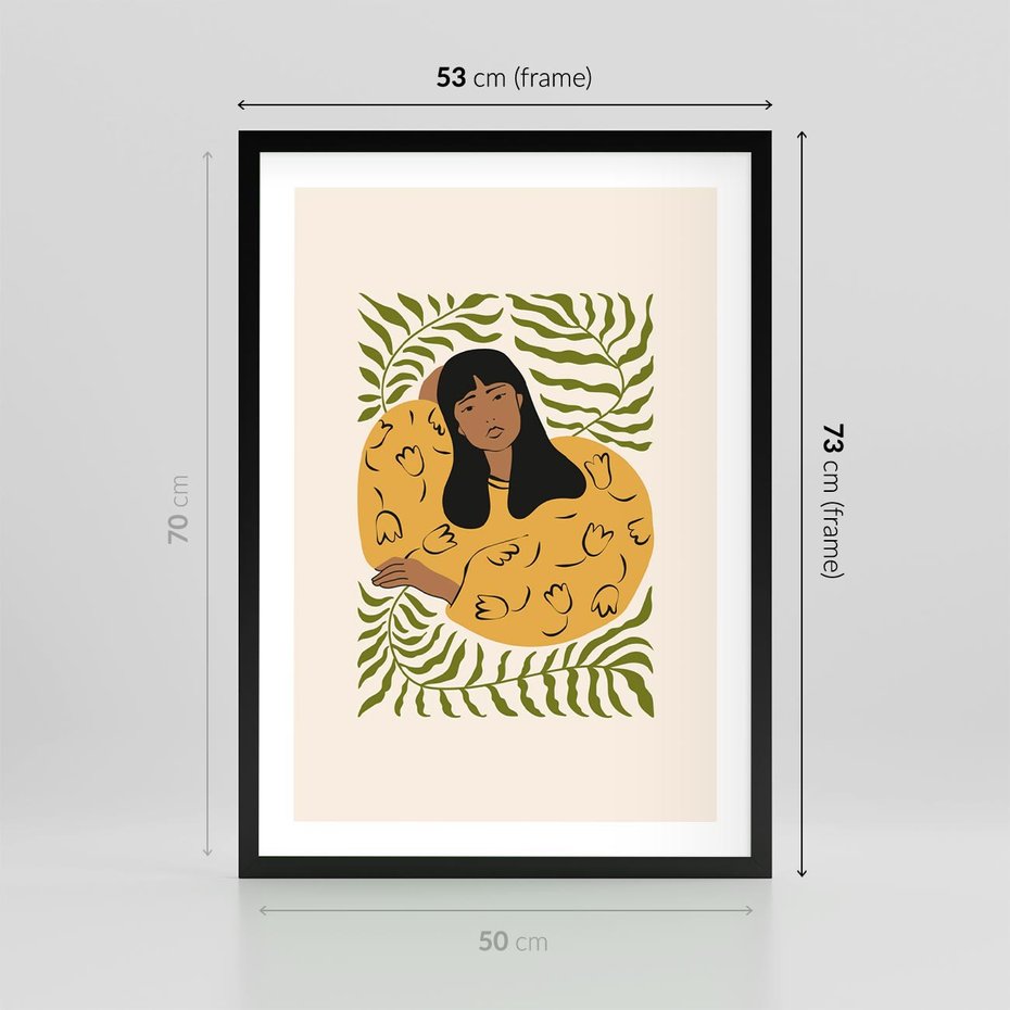 Plakat w ramie 50x70 - Malowane Odbicia Wyobraźni - nowoczesny plakat, kobieta otoczona liśćmi - rama czarna