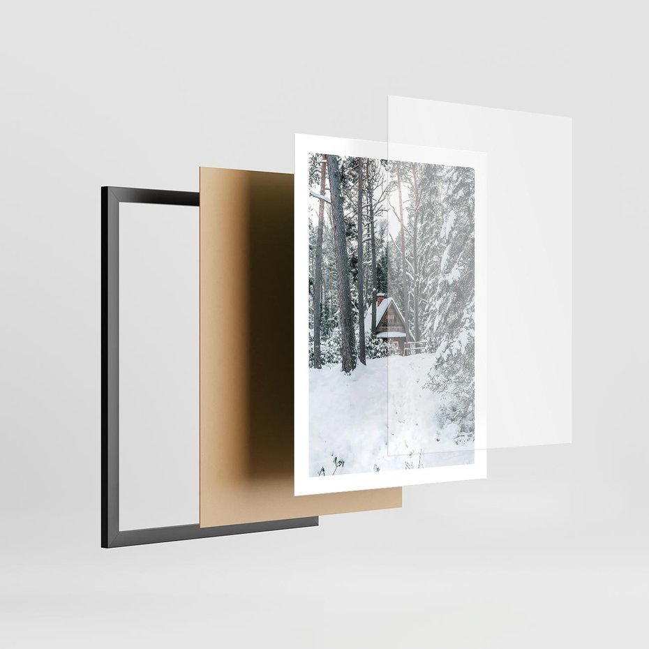 Plakat w ramie 50x70 - Spokój Zimowej Przygody w Lesie - domek w górach w lesie, zima - rama czarna