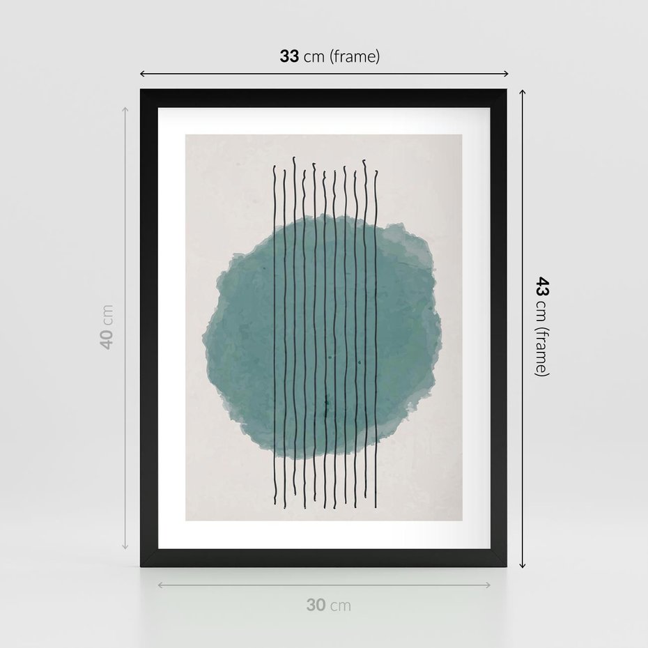 Plakat w ramie 30x40 - Podróżne Inspiracje - abstrakcyjna akwarelowa plama, nieregularne kreski - rama czarna