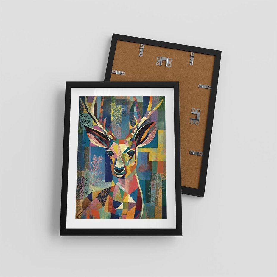 Plakat w ramie 30x40 - Bezgraniczne Kontury Zaskoczenia - abstrakcyjny obraz olejny, jeleń - rama czarna