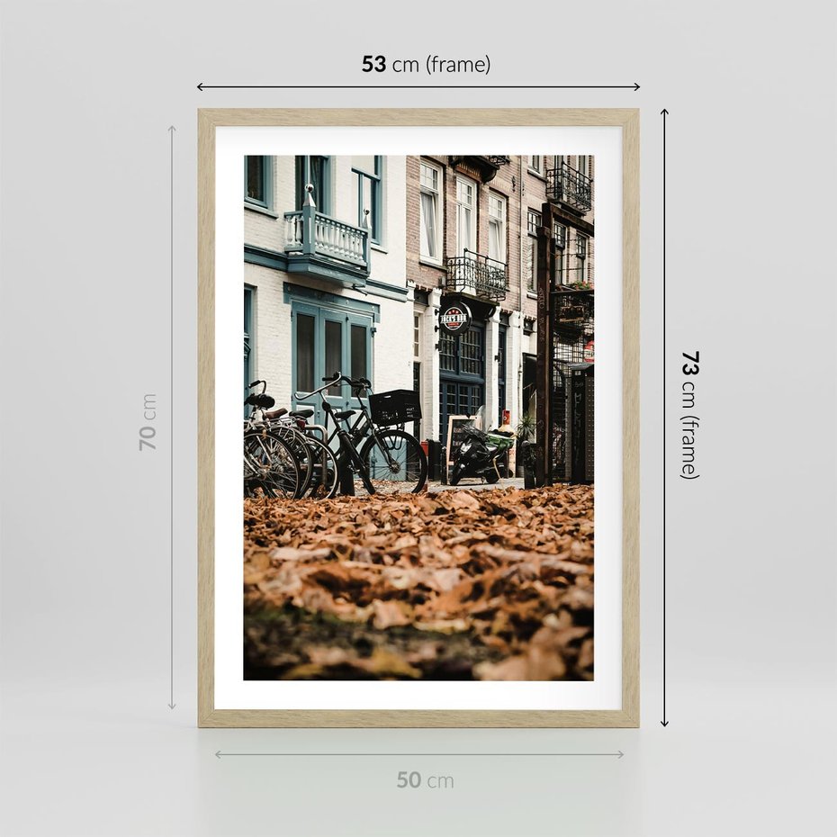Plakat w ramie 50x70 - Rowery w Mieście pełnym Liści - rower, miasto - rama drewno