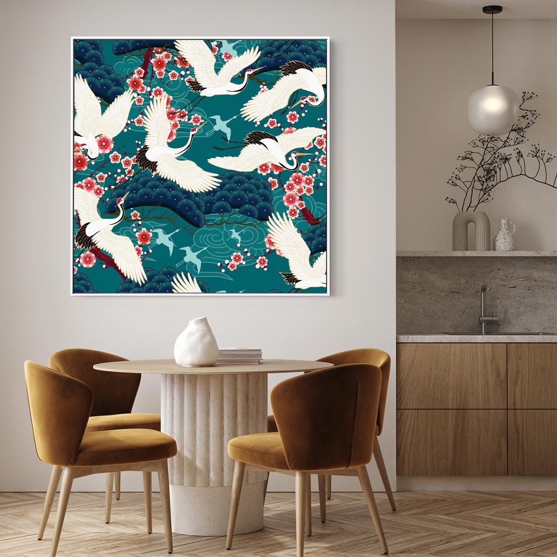 Obraz w ramie 50x50 - Żurawie Wachlarze - orientalne japońskie żurawie, grafika - rama biała