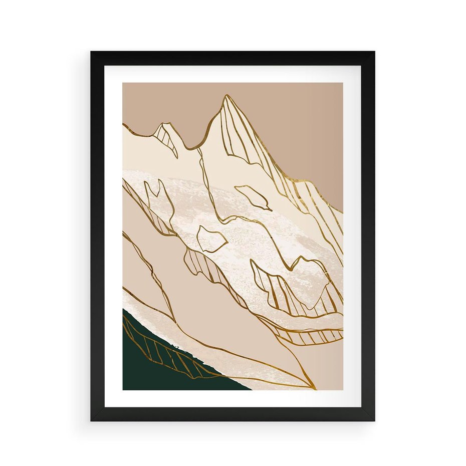 Plakat w ramie 50x70 - Góry w Złocie i Minimalizmie - grafika, złote góry - rama czarna