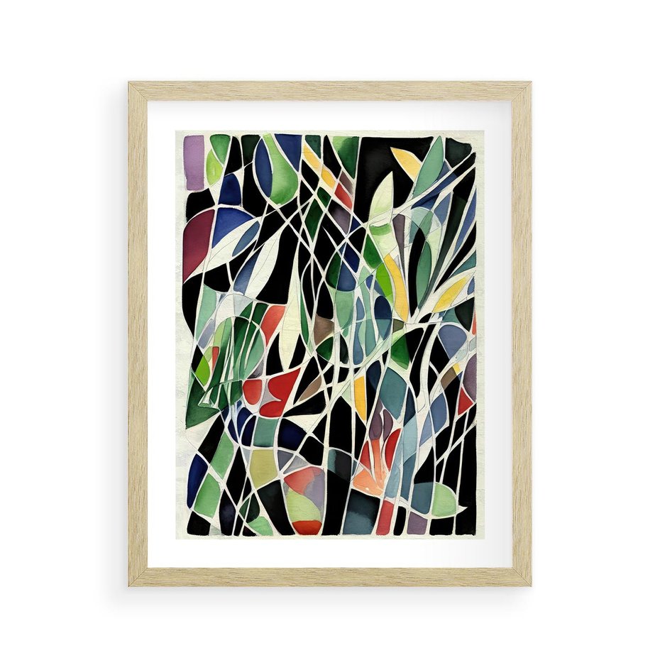 Plakat w ramie 40x50 - Taniec Plam i Kształtów - abstrakcyjny akwarelowy obraz, plamy - rama drewno