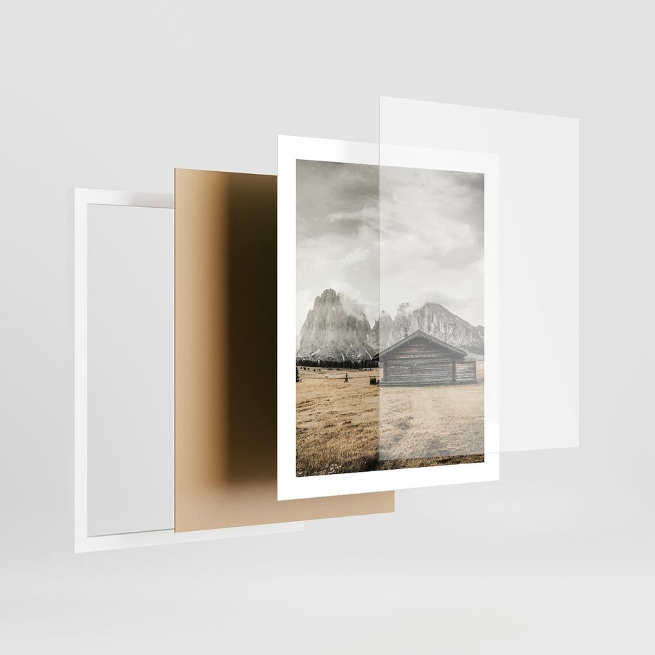 Plakat w ramie 40x50 - Surowa Przestrzeń i Górski Ustronny Azyl - chatka w górach, góry - rama biała