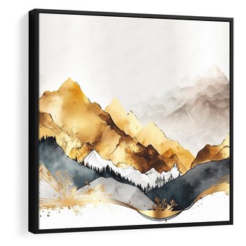 Obraz w ramie 50x50 - Złote Góry - akwarela, graficzne góry - rama czarna