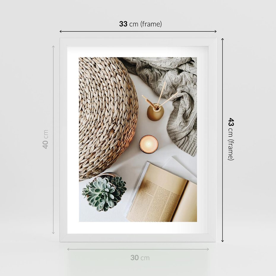 Plakat w ramie 30x40 - Przytulna Kompozycja Lifestyle - kompozycja lifestyle, wiklina - rama biała
