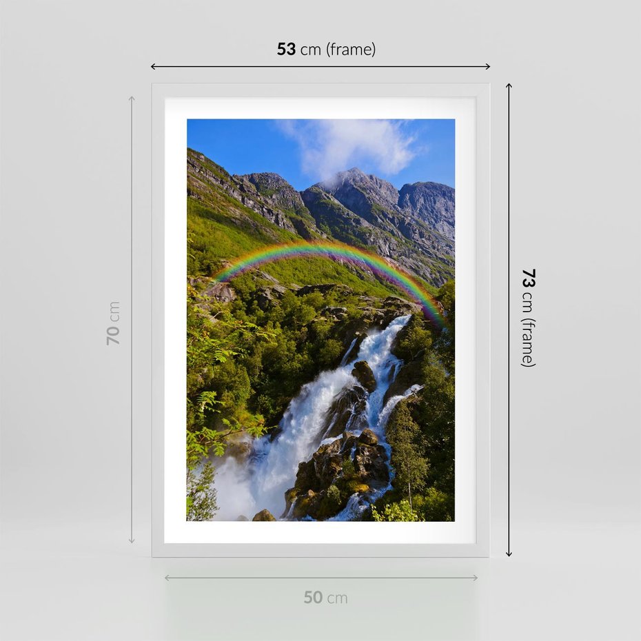 Plakat w ramie 50x70 - Tęczowe góry - harmonia kolorów - tęcza, góry - rama biała