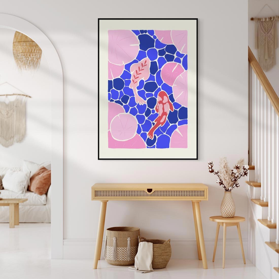 Obraz w ramie 50x70 - Rzeka Abstrakcji - abstrakcyjna kompozycja, różowe ryby wśród rafy - rama czarna