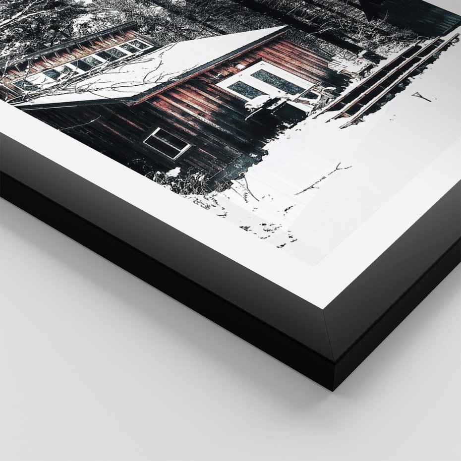 Plakat w ramie 40x50 - Zimowy Urok Drewnianego Domku - zima, drewniany domek - rama czarna