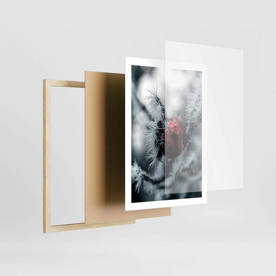 Plakat w ramie 50x70 - Chwila Zimowego Uroku - zima, ośnieżona gałązka - rama drewno